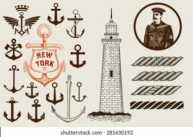 Set of marine and nautical elements. Vector