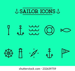 Set of marine nautical icons, sailor, anchor, waves, compass, oar, lighthouse. Clean and modern style, hipster design