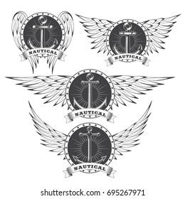 Set of marine nautical retro vintage logos with ship anchor and wings. Vector illustration.