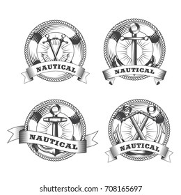 Set of marine nautical retro vintage logos with lifebuoys and anchors. Vector illustration.
