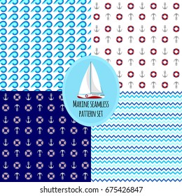 Set of marine nautical seamless patterns with anchors, safety rings, tangled waves, zigzag chevron lines, and yacht illustration as bonus. Good for textile fabric or paper print. svg