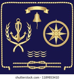 A set of marine and navigational signs of golden color. Vector gradient.