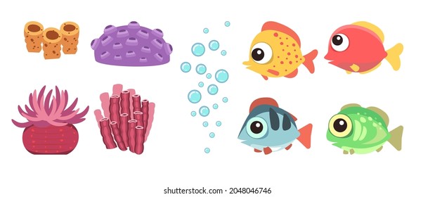 Set of marine objects: corals, plants, fish, algae and bubbles. Underwater. Aquarium or sea. Summer water. Isolated on white background. Illustration in cartoon style. Flat design. Vector art.