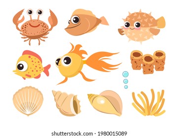 Set of marine objects: crab, fish, puffer fish, shells, corals and bubbles. Underwater world. Aquarium or sea. Summer water.