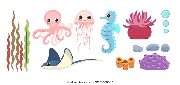 Set of marine objects: octopus, seahorse, jellyfish, plants, stones, stingray, algae and bubbles. Underwater world. Aquarium or sea. Summer water..
