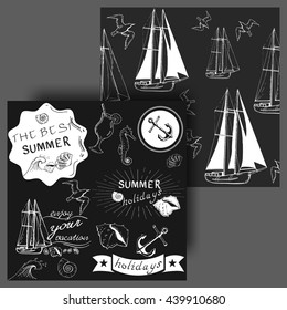 set of marine objects and seamless pattern with yachts and seagulls