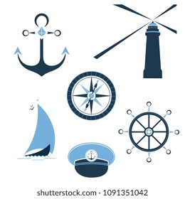 Set of marine objects wheel, captain cap, lighthouse, sailfish, compass, ship anchor.