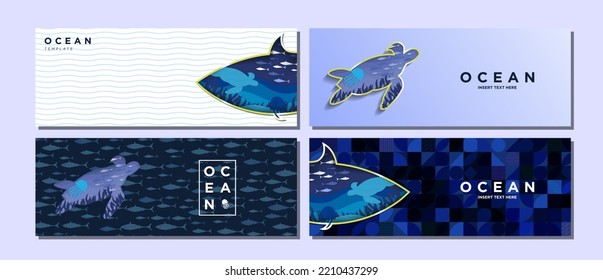 Set von Marine- und Ocean Concept-Papier-Banner-Vorlagen mit Kopienraum. Blaues Papier Origami Ozean in Fisch und Schildkrötenformen goldenen Rahmen mit Schildkröte, Gelee Fische und Fische. Vektorgrafik.