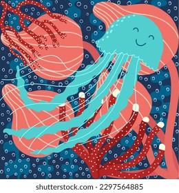 A set of marine and oceanic underwater animals. Cute water jellyfish and colorful fish. Children's Color flat cartoon vector Illustration isolated on a blue background