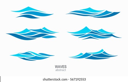 Set marine pattern with stylized blue waves on a light background. Water Wave Logo abstract design. Cosmetics Surf Sport Logotype concept. Aqua icon. 