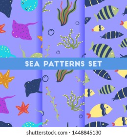 Set of marine patterns. ornament of fish. fish. seaweed. sea.