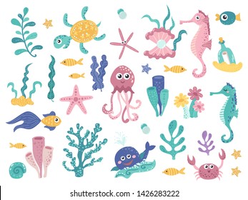 Set of marine plants and aquatic inhabitants