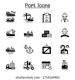 Set of marine port related vector icons. contains such Icons as boat, cruise, cargo, warehouse, logistic, delivery, crane,  transportation and more.