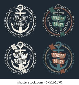 Set of marine retro emblems with anchor and ribbon on dark background. Rubbed texture on a separate layer and can be easily disabled.