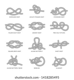 Set of marine rope or cord various knot schemes with the name thin line black and white vector illustration isolated on white background. Decorative nautical loop design element.