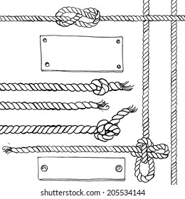 Set of marine rope, knots, plates. Vector elements on a white background. Drawing a black line