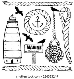 Set of marine rope, knots, plates. Vector elements on a white background. Drawing a black line. Vintage marine elements set. Includes anchor, rope, wheel, lighthouse and  gulls.