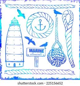 Set of marine rope, knots, plates. Vector elements on a black background. Drawing a black line. Vintage marine elements set. Includes anchor, rope, wheel, lighthouse and  gulls.