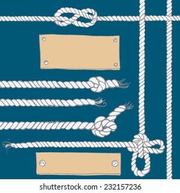 Set of marine rope, knots, plates. Vector elements on a white background. Drawing a color line