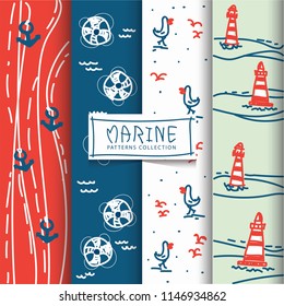Set of marine and sea backgrounds. Sea theme. Marine patterns collection. Hand drown