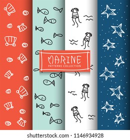 Set of marine and sea backgrounds. Sea theme. Marine patterns collection. Hand drawing.