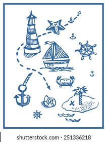 Set of Marine & Sea Objects Hand-drawn in Blue. Vector.