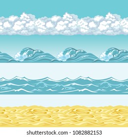 Set of marine seamless pattern and borders. Vector illustration of sea, waves, water, clouds, sand beach isolated on a light background.