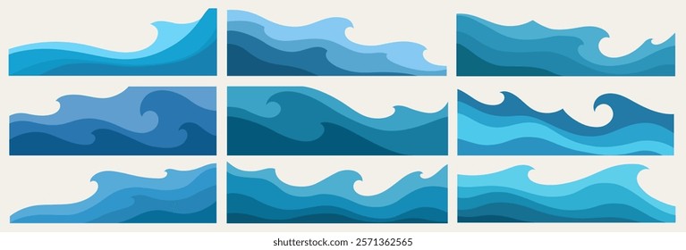 Set Marine seamless pattern with stylized waves on a light background
