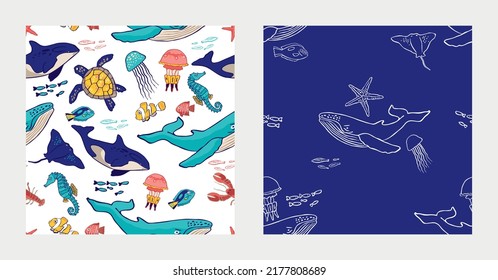 Set of marine seamless patterns with animals, fishes isolated on white. Collection of background with turtles, whale, shark, dolphin, jellyfish for print on fabric, wrapping paper. Vector illustration