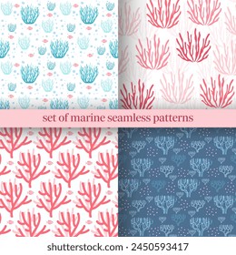 Set of marine seamless patterns in cartoon style. Patterns with seashells and corals in flat design.
