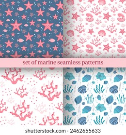 Set von nahtlosen marinen Mustern im Cartoon-Stil. Muster mit Muscheln und Korallen im flachen Design.

