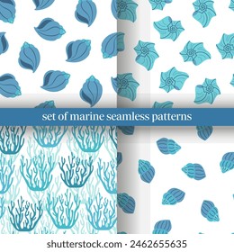 Set von nahtlosen marinen Mustern im Cartoon-Stil. Muster mit Muscheln und Korallen im flachen Design.
