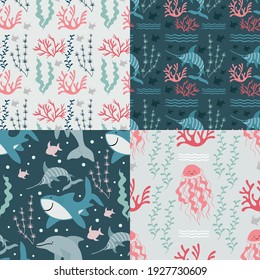 Set of Marine seamless patterns with cute sea animals, fish and algae. Illustration in simple hand-drawn Scandinavian style. Vector template for textile, fabric, wrapping paper 