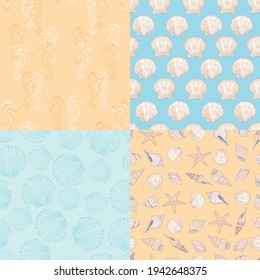 Un conjunto de motivos marinos y marinos sin costuras en naranja y azul. Ilustración vectorial.
