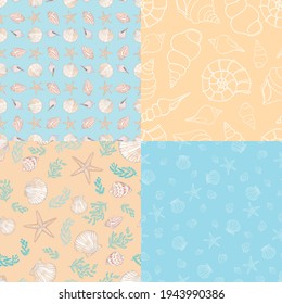 A set of marine and marine seamless patterns in orange and blue. Vector illustration.