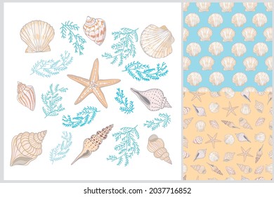 A set of marine and marine seamless patterns in orange and blue. Vector illustration.