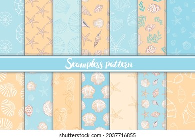 A set of marine and marine seamless patterns in orange and blue. Vector illustration.