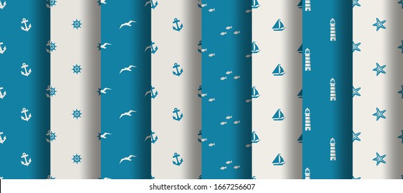 Set von maritimen nahtlosen Mustern. Meeresthema. Sammlung nahtloser Muster