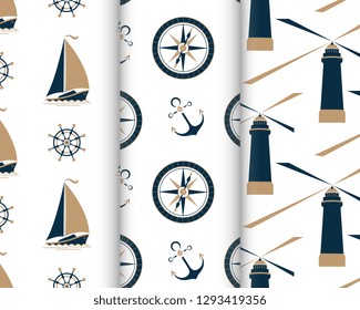 Set of marine seamless patterns with ship, anchor, nautical compass, lighthouse, captain's wheel.