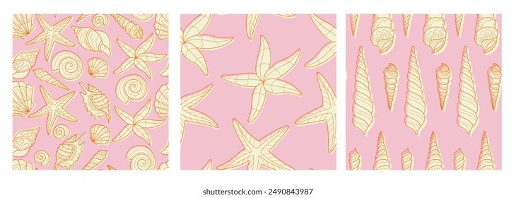 Set with marine seamless patterns. Summer time, sea, underwater, seashels. Hand-drawn vector illustration for wrapping paper, wallpaper, notebook cover.
