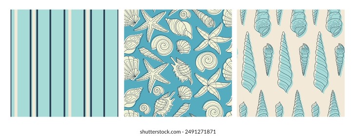 Set with marine seamless patterns. Summer time, sea, underwater, seashels. Hand-drawn vector illustration for wrapping paper, wallpaper, notebook cover.