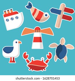 set of marine stickers. cartoon crab, fish, seagull, lighthouse, signpost, ship and turtle. Summer mood