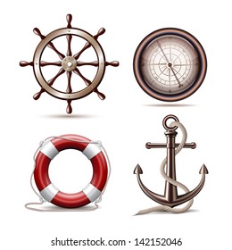 Set of marine symbols on white background. Vector Illustration.