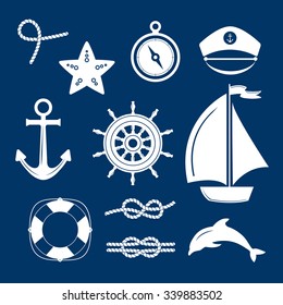 Set of marine symbols. Vector of Nautical and marine icons. Collection of element: anchor, starfish, boat, lifebuoy, compass, helm. Set of sea and nautical decorations. Sea leisure sport. 