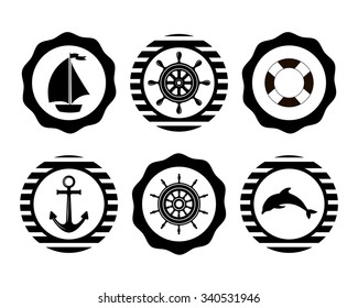 Set of marine symbols. Vector of Nautical and marine icons. Flat icons with sea symbols. Set of sea and nautical decorations. Symbol of sailors, sail, cruise and sea. Sea leisure sport. 