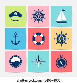 Set of marine symbols. Vector of Nautical and marine icons. Sea symbols. Collection of element: anchor, starfish, boat, lifebuoy, compass, helm. Sea and nautical decorations. Sea leisure sport. 
