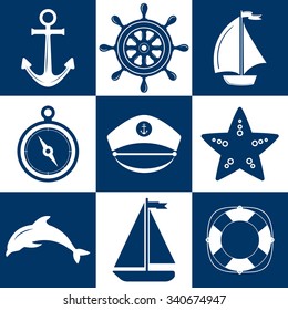 Set of marine symbols. Vector of Nautical and marine icons. Flat icons with sea symbols. Collection of element: anchor, starfish, boat, lifebuoy, compass, helm. Set of sea and nautical decorations.