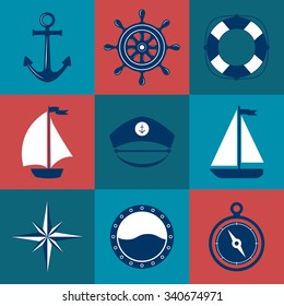 Set of marine symbols. Vector of Nautical and marine icons. Collection of element: anchor, boat, lifebuoy, compass, helm, captain's cap. Set of sea and nautical decorations. Sea leisure sport. 