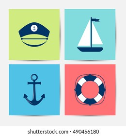 Set of marine symbols. Vector of Nautical and marine icons. Sea symbols. Collection of element: anchor, boat, lifebuoy. Sea and nautical decorations. Sea leisure sport.