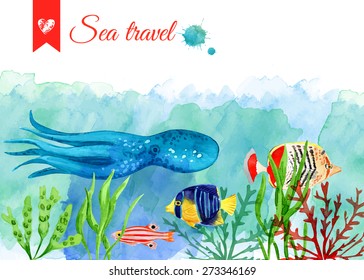 Set of marine tropical fish. Vector illustration. Watercolor background. Angelfish.  Octopus.